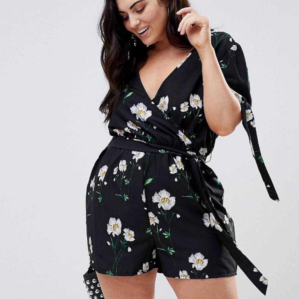 ASOS CURVE Floral Wrap Romper with Tie Sleeve